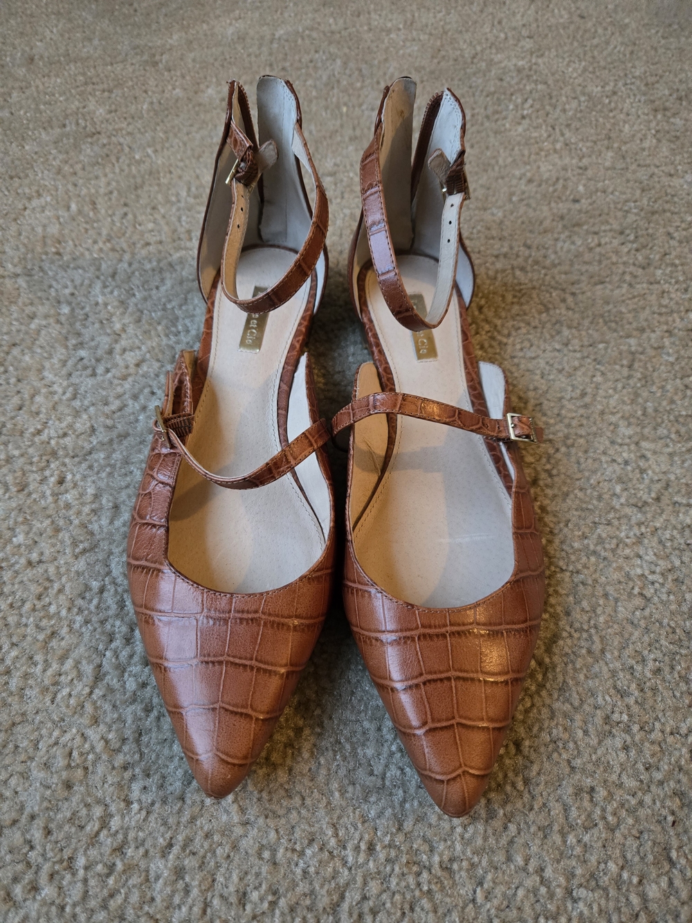 Louise et Cie Pointed Croc-Embossed Ankle Strap Flats in Cognac